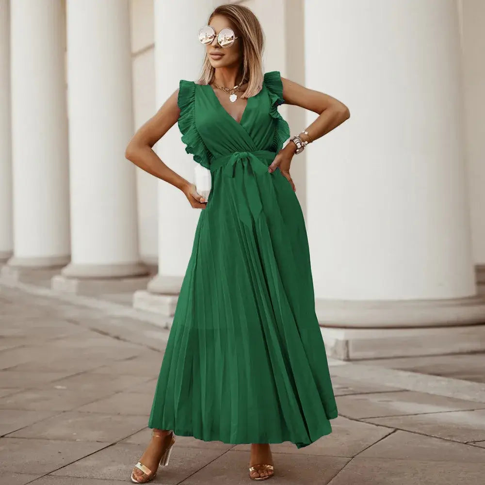Robe Maxi Élégante Sans Manches à Volants pour Femmes – Robe d’Été Plissée à Col V