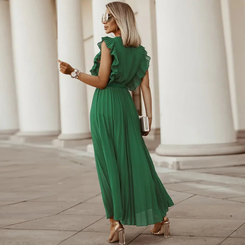 Robe Maxi Élégante Sans Manches à Volants pour Femmes – Robe d’Été Plissée à Col V