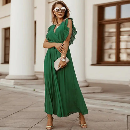 Robe Maxi Élégante Sans Manches à Volants pour Femmes – Robe d’Été Plissée à Col V