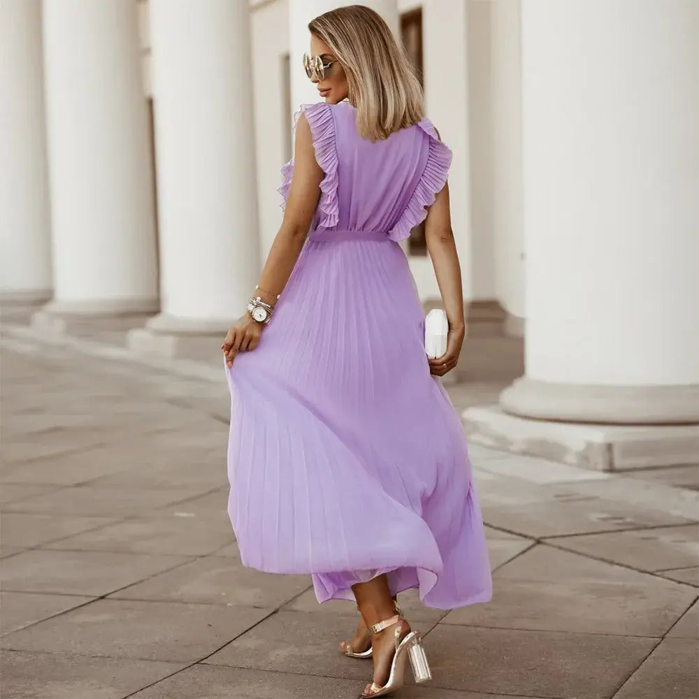 Robe Maxi Élégante Sans Manches à Volants pour Femmes – Robe d’Été Plissée à Col V