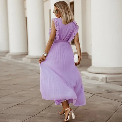 Robe Maxi Élégante Sans Manches à Volants pour Femmes – Robe d’Été Plissée à Col V