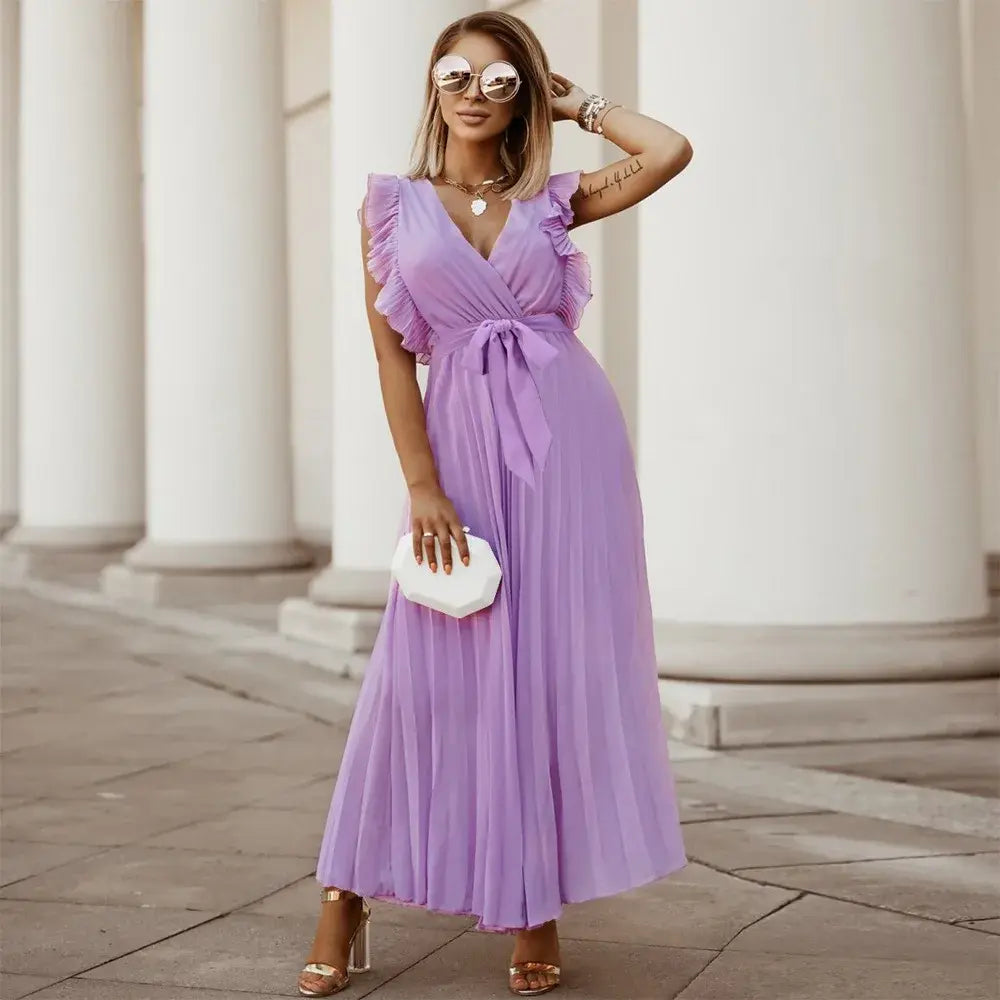 Robe Maxi Élégante Sans Manches à Volants pour Femmes – Robe d’Été Plissée à Col V