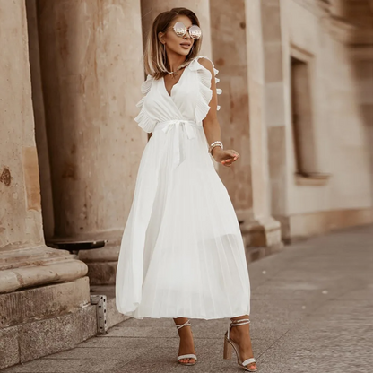 Robe Maxi Élégante Sans Manches à Volants pour Femmes – Robe d’Été Plissée à Col V