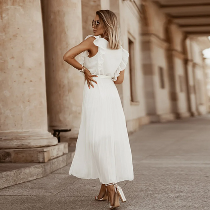 Robe Maxi Élégante Sans Manches à Volants pour Femmes – Robe d’Été Plissée à Col V