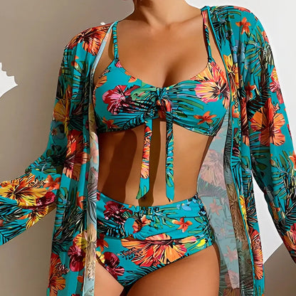 Bikini Set Damen 3-teilig | High Waist Schnitt | Mit Überwurf | Sommer Look-Blau-S-Luzern Mode