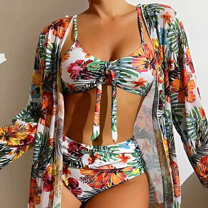 Bikini Set Damen 3-teilig | High Waist Schnitt | Mit Überwurf | Sommer Look-Weiß-S-Luzern Mode