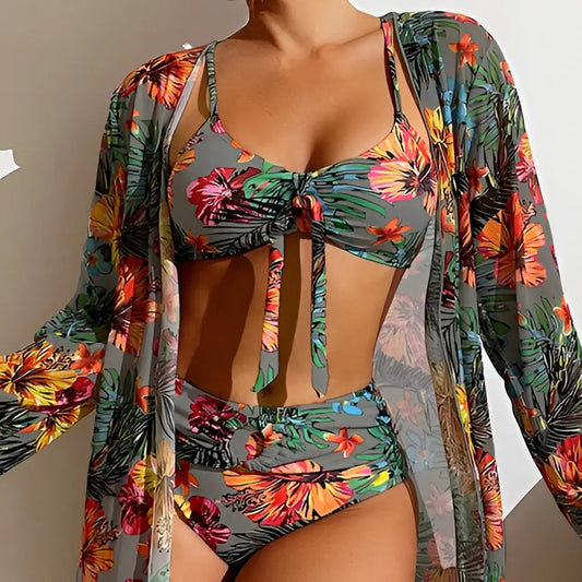 Bikini Set Damen 3-teilig | High Waist Schnitt | Mit Überwurf | Sommer Look-Luzern Mode