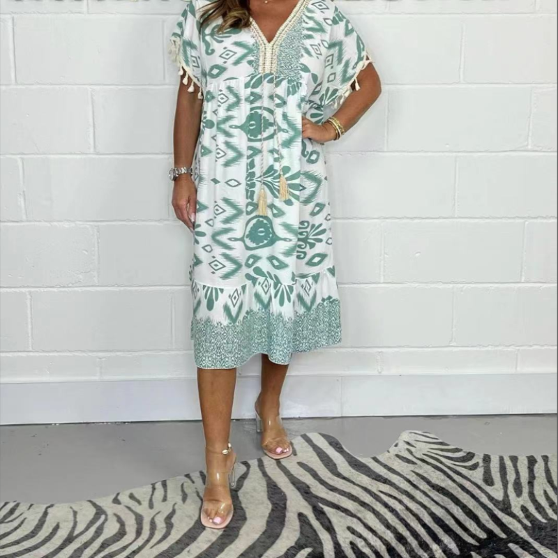 Zymara | V-hals jurk met print – casual zomerse jurk met franjes aan de mouwen voor dames