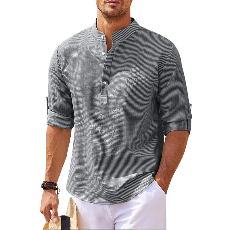Men's Linen Stand Collar Shirt Relaxed Fit Casual Button Front Top