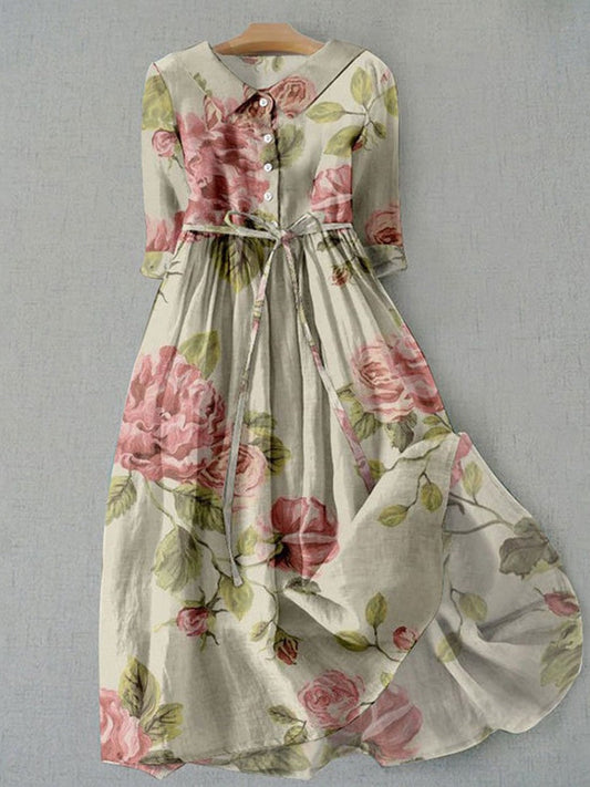 Leah Robe d'Été Femme – Imprimé Floral Botanique Vintage & Col Revers, Coupe Décontractée