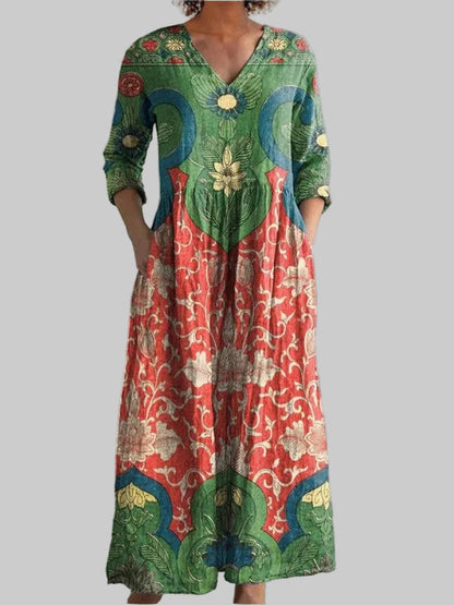 Luna | Vintage Floral Print V Neck Maxi Dress