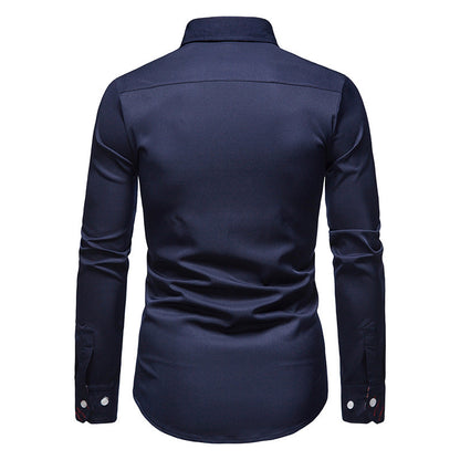 Dunkelblaues Herrenhemd, langärmelig, elegantes Design, Baumwolle, Jansen Fashion.