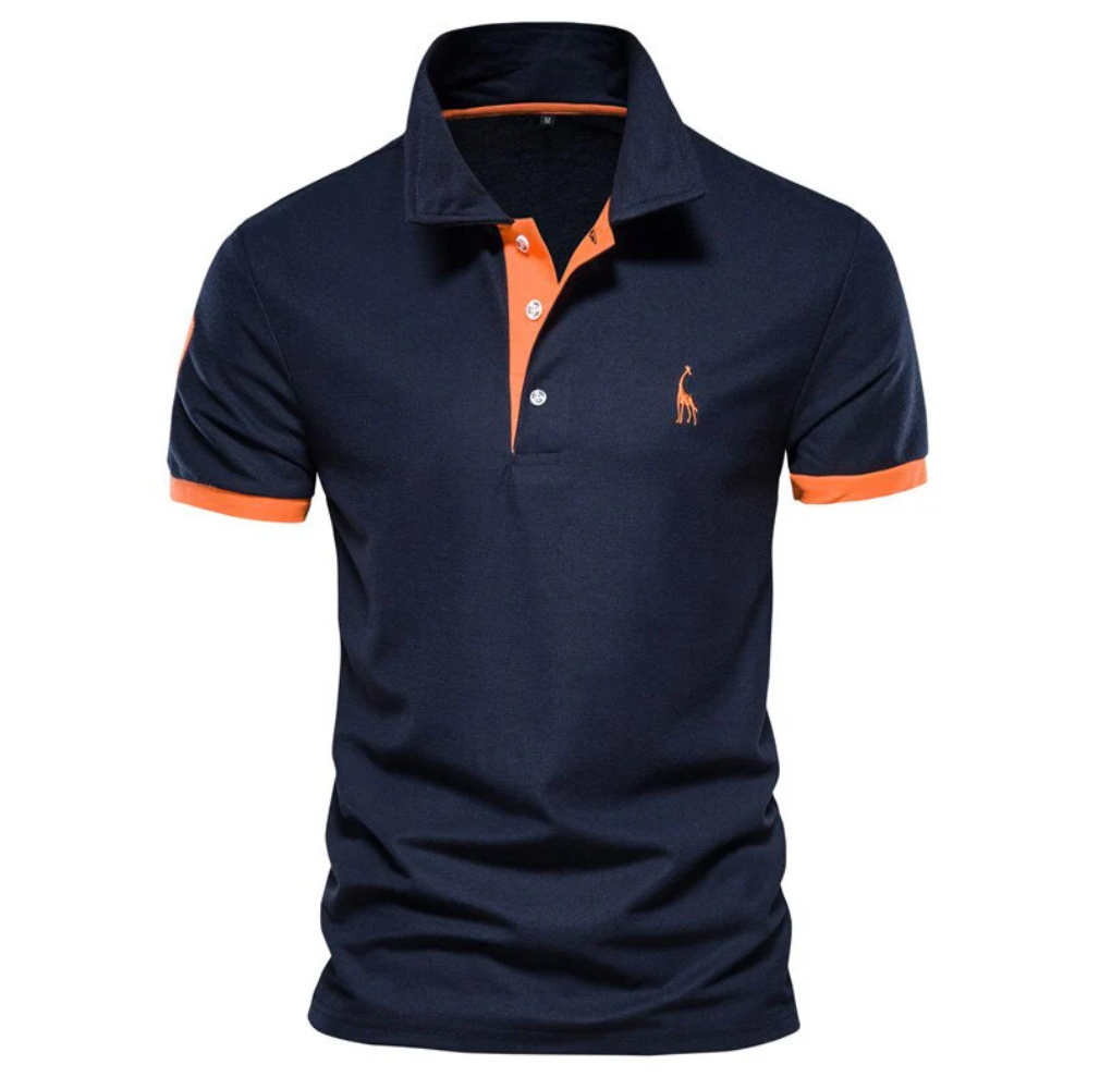 Dunkelblaues Polohemd mit orangefarbenen Akzenten, Herrenmode, Baumwolle, Kurzarm.