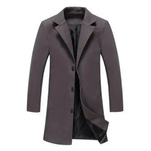 Dunkelgrauer Herrenmantel, eleganter Wollmantel, klassischer Schnitt, Herbstmode.