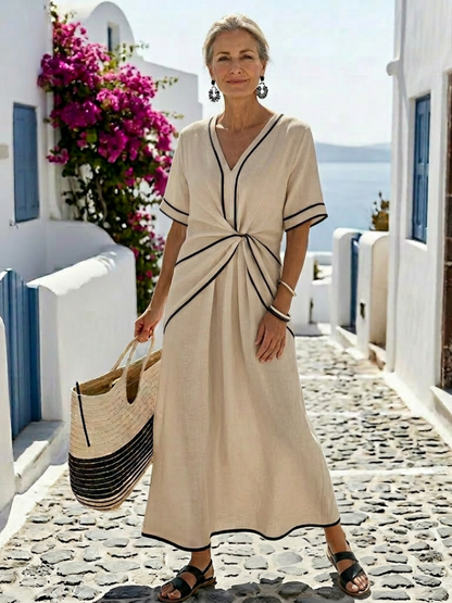 Τατιάνα | Φόρεμα Midi με V Λαιμόκοψη και Κοντό Μανίκι
