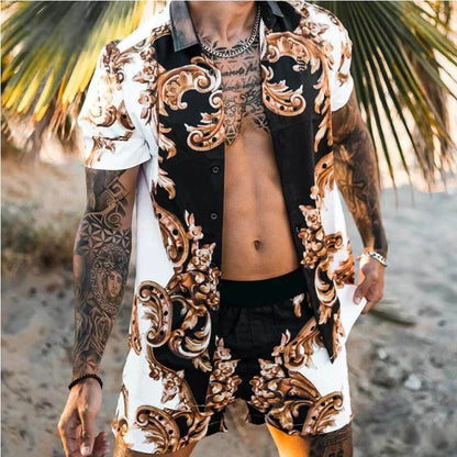 Men’s Summer Two Piece Set Printed Shirt and Shorts Lightweight Breathable Holiday Outfit
