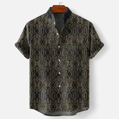 Chemise Homme en Lin à Motif Artistique – Manches Courtes, Style Décontracté et Haut de Gamme