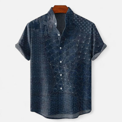 Chemise Homme en Lin à Motif Artistique – Manches Courtes, Style Décontracté et Haut de Gamme