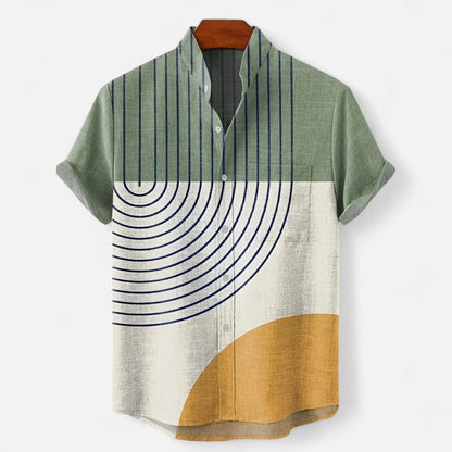 Chemise Homme en Lin à Motif Artistique – Manches Courtes, Style Décontracté et Haut de Gamme