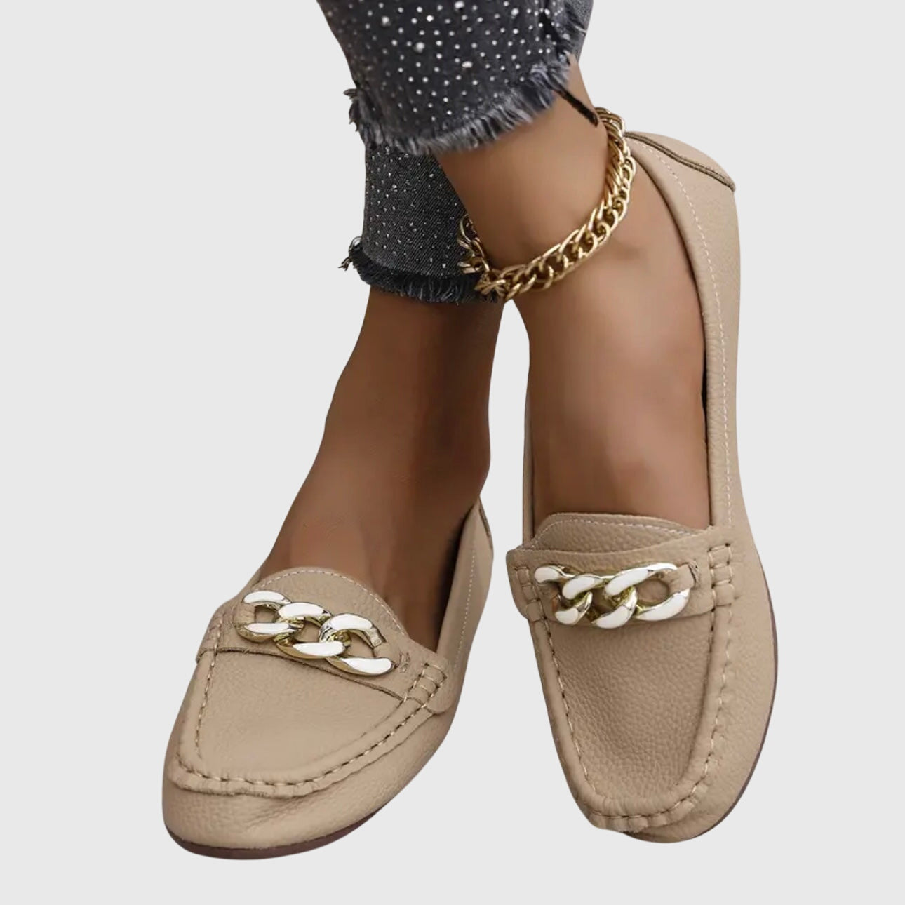 Women's Casual Slip-On Flat Loafers with Gold Chain Detail