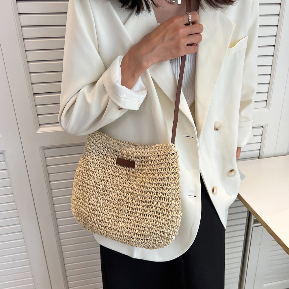 Women's Straw Shoulder Bag | Vegan Leather Strap
