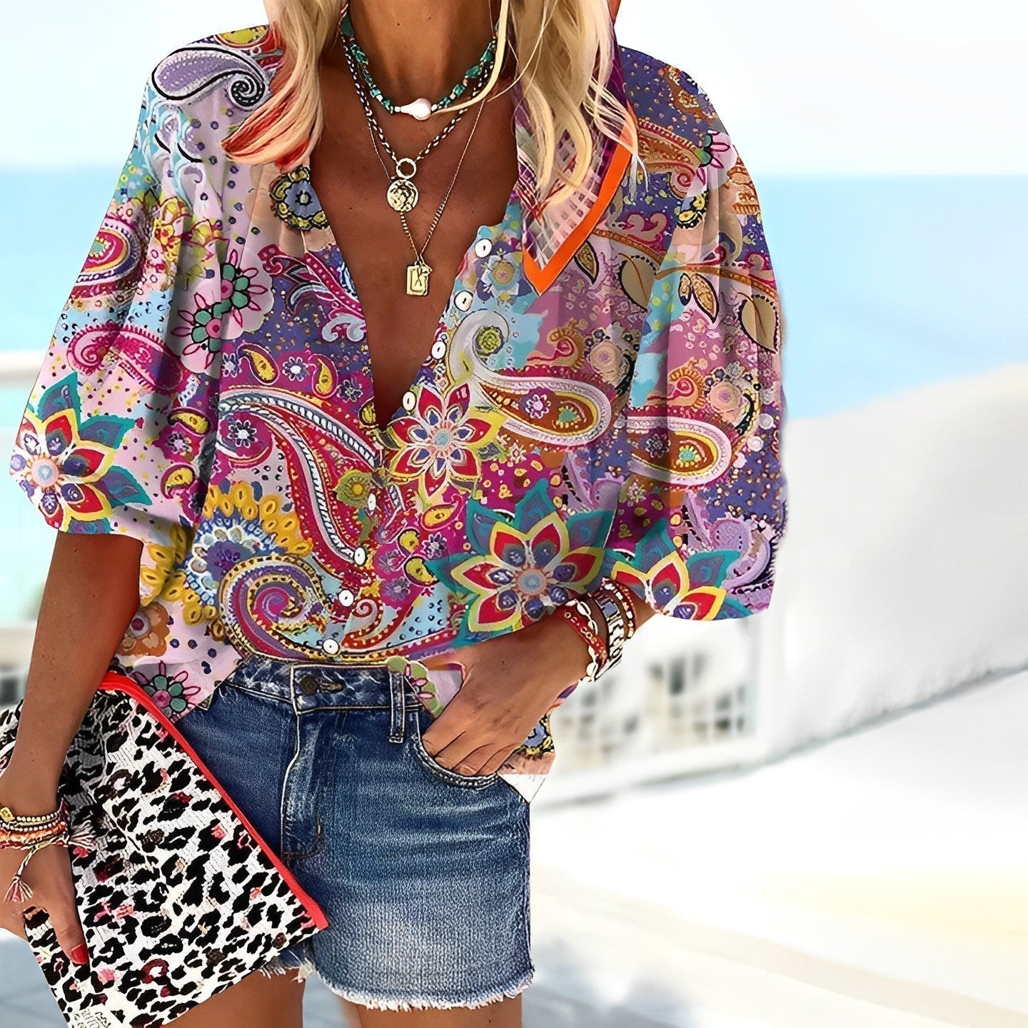 Women's Boho Paisley Print Button-Up Blouse