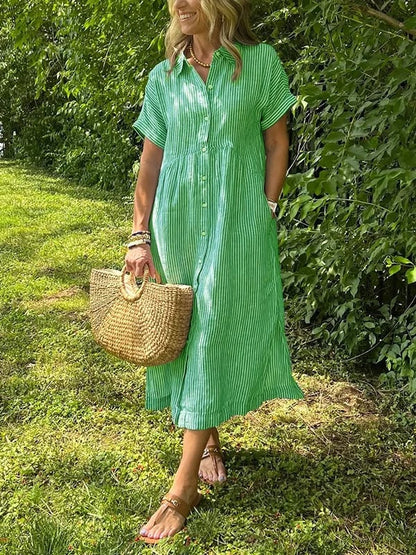 Klaudia | Sukienka koszulowa midi damska w paski z guzikami