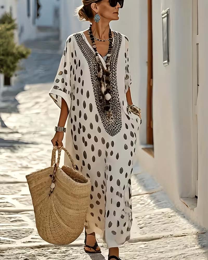 Hynovia™ - Robe femme maxi kaftan imprimé pois col V bordure ethnique