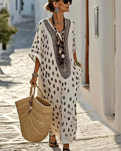 Hynovia™ - Robe femme maxi kaftan imprimé pois col V bordure ethnique