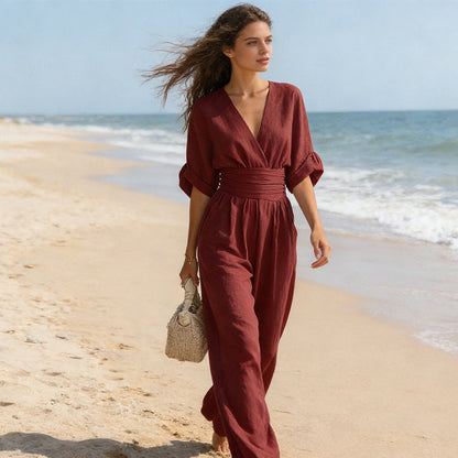 Melisa | Elegante V-hals Jumpsuit met Wijde Pijpen voor Dames – Mouwloze,  One-Piece Outfit