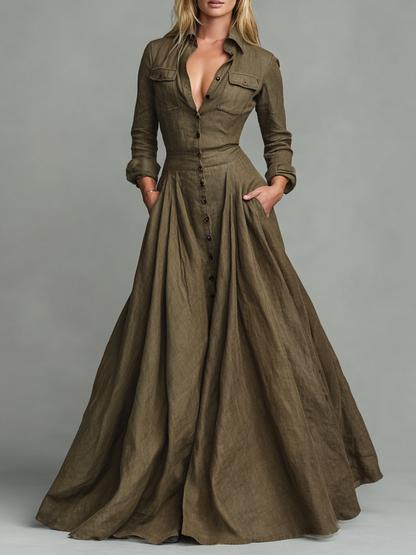 Vintage Maxi Dress for Women with Shirt-Style Bodice