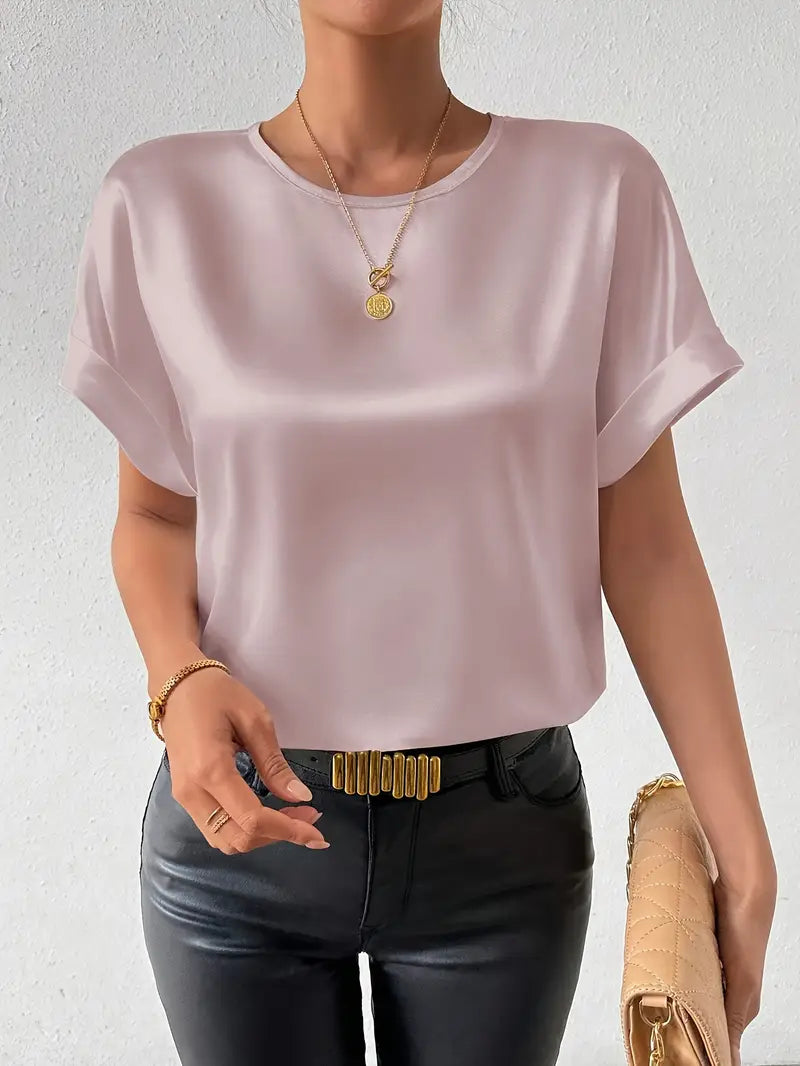 Valkirra - T shirt en satin à manches courtes roulées et encolure ronde