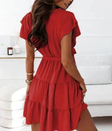 Women's Wrap Mini Dress Flutter Sleeve Ruffle Belted