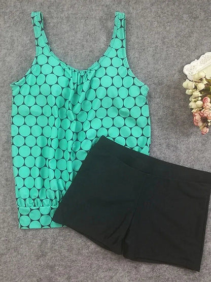 Polka-Dot-Tankini-Badeanzug mit Bauchabdeckung und Shorts
