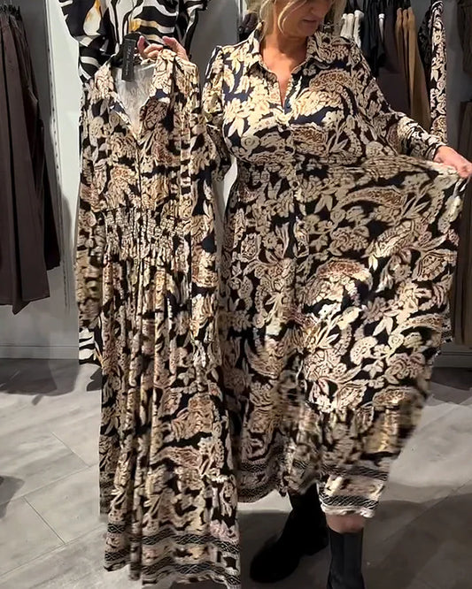 Elise™ - Vintage blomstrete skjortekjole med knyting i midjen