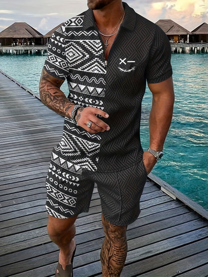 Xylaric | Casual tweedelige set voor heren – T-shirt met reverskraag en korte broek met trekkoord