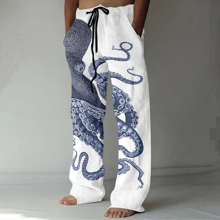 Japanse Art Octopus Print Casual Linnen Broek
