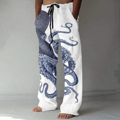 Japanse Art Octopus Print Casual Linnen Broek