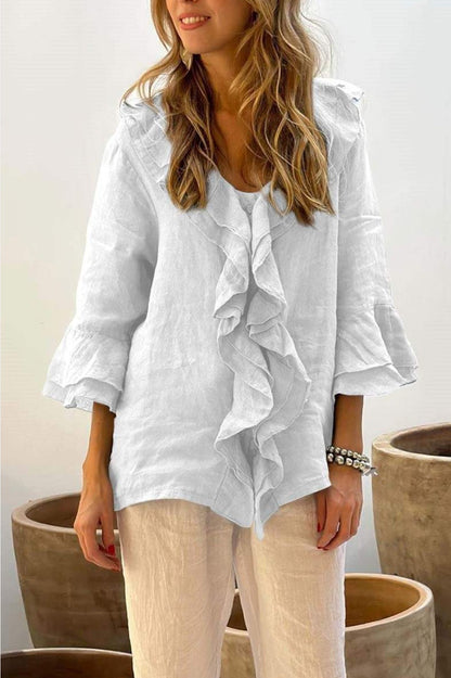 Blusa com decote em V e mangas franzidas