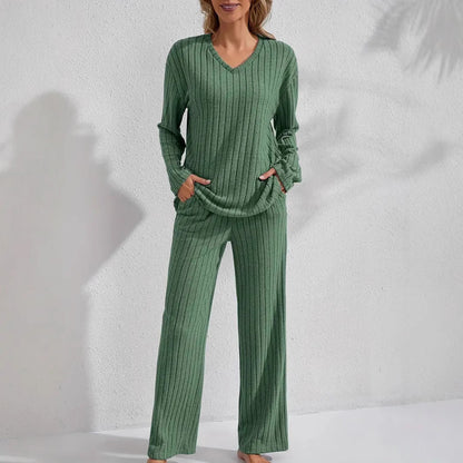 Women's Ribbed Long-Sleeve Top and Pants Set – Casual Comfortable Loungewear