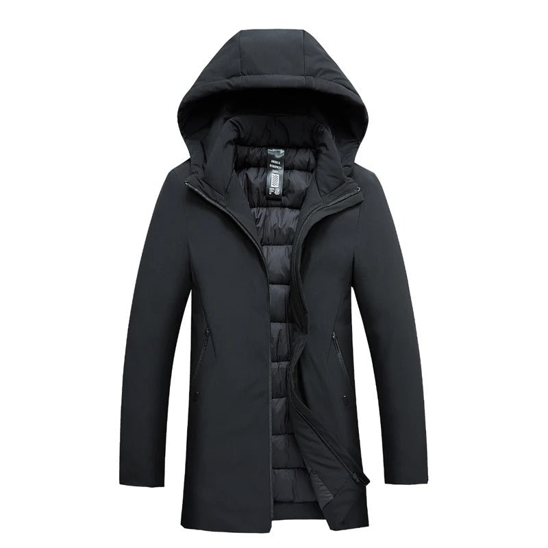 Manteau d'hiver noir avec capuche, fermeture éclair, design moderne, doublure matelassée, idéal pour temps froid, mode homme, vêtement chaud.