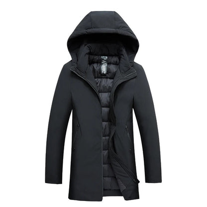 Manteau d'hiver noir avec capuche, fermeture éclair, design moderne, doublure matelassée, idéal pour temps froid, mode homme, vêtement chaud.