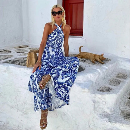 Women's Halter Maxi Dress - Sleeveless A-Line Printed Backless Summer Dress