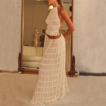 2pcs Women's Dress Suit Sexy Sleeveless Backless Cropped Halter Top