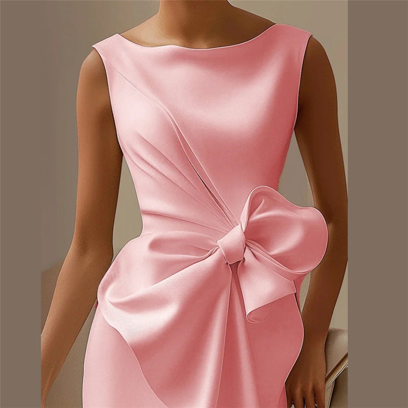 Women’s Solid-Color Bowknot Dress – Elegant Slim Sleeveless Casual & Office Party Outfit
