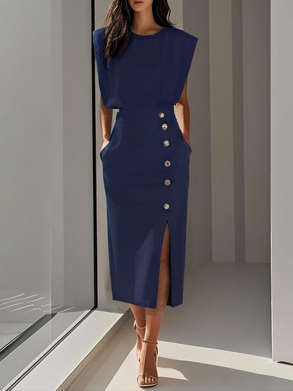 Audrey Button-Detail Sleeveless Midi Dress