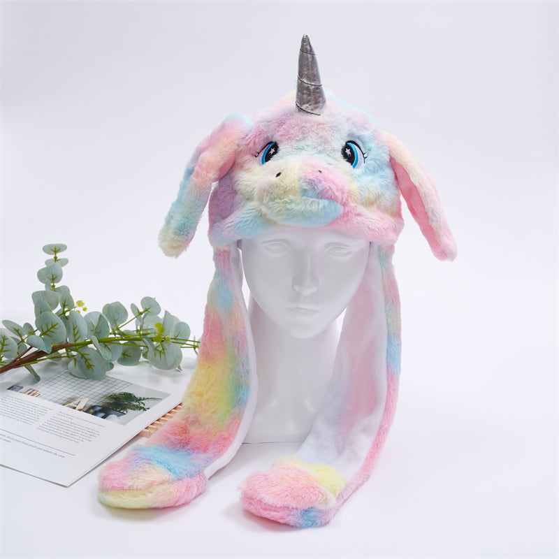 Plüsch-Einhorn-Mütze, pastellfarben, Krawattenfärbung, mit Ohren und Horn, Kinderkostüm-Accessoire.