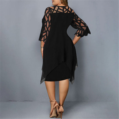 Elegant Plus-Size Midi Dress with Lace Sleeves-Deep Blue-L-State of Style