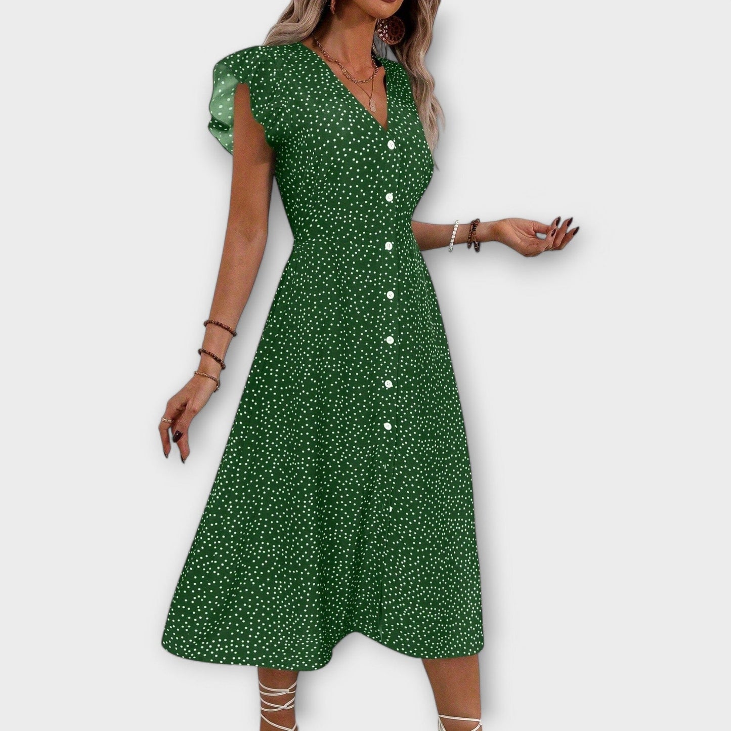 Valentina – Elegante Vestido Midi de Lunares que realza tu estilo