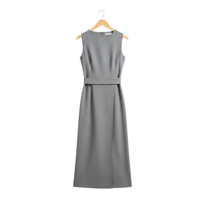 Emma Claire elegant grey sleeveless midi dress with round neckline, belted waist, and draped skirt. Perfect for day or evening wear.